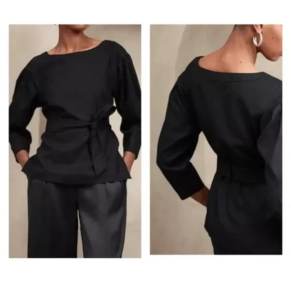 Banana Republic Linen Black Split Hem Blouse Size M Pleated Long-Sleeve Top New - Picture 1 of 7